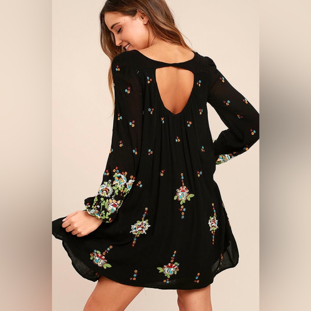 FREE PEOPLE Sz Small Oxford Embroidered Mini Dress Casual Long Sleeves Boho